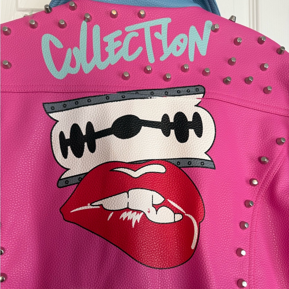 Stylish Vegan Leather Pink and Black Studded Women's Jacket - Picture 7 of 8